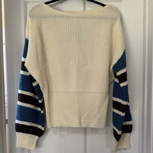Cupshe Cream Sweater with Blue and Brown Striped Sleeves